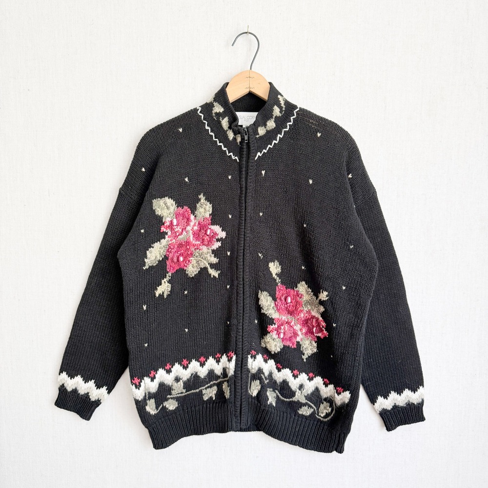 Casual Corner Cardigan Vintage Floral Embroidered Zip Up L Black Ramie Cotton